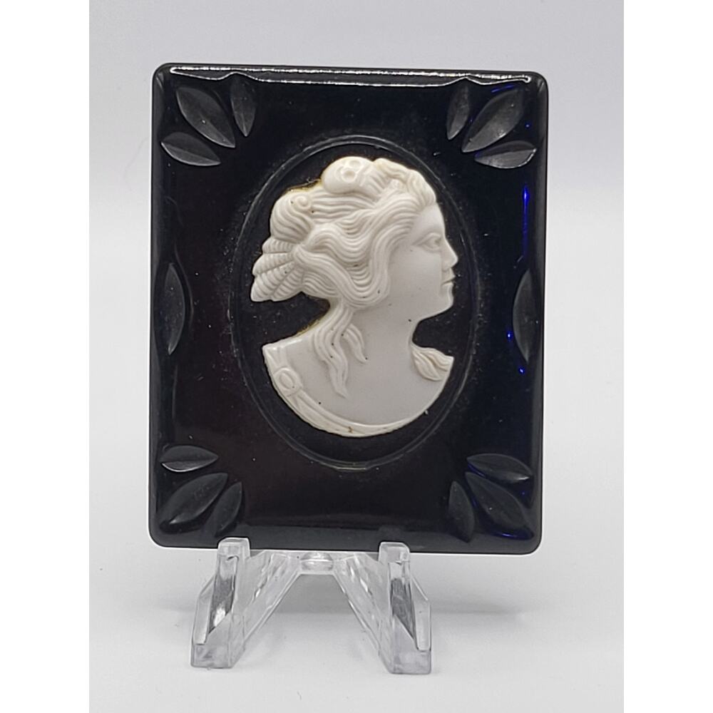 Vintage Black White Cameo Brooch Large Rectangular Carved Plaque Pin